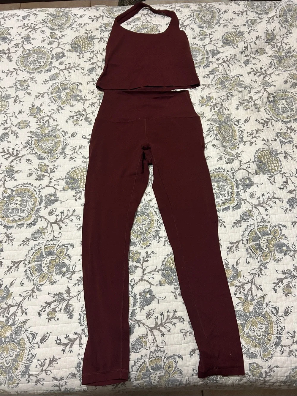 CRZ Yoga Butterluxe Halter Crop Top and Leggings Workout Set-Red Merlot